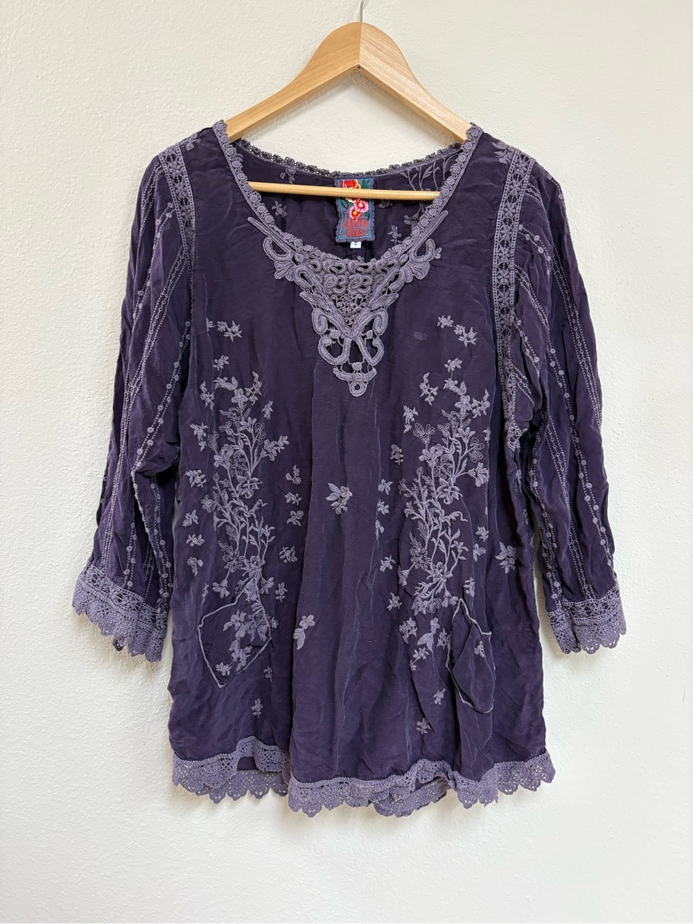 Johnny Was Purple Embroidered Boho Peasant Top